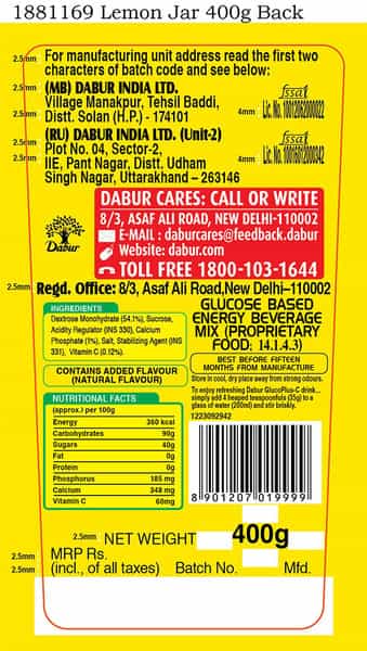 Dabur Gluco Plus C Energy Boost - Lemon 400 Gm