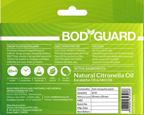 Bodyguard Premium Natural Anti Mosquito Patch Packet Of 20 + 4 Patches