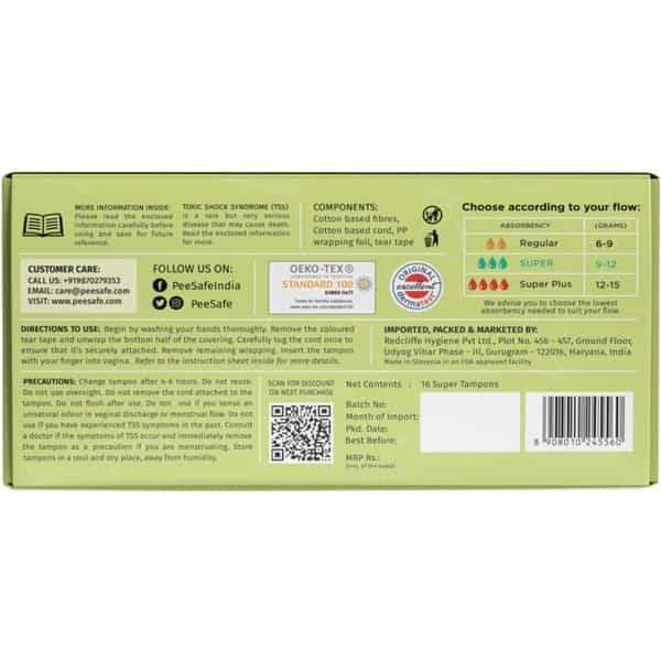 Pee Safe Organic Cotton Tampon (Super) - 16 N