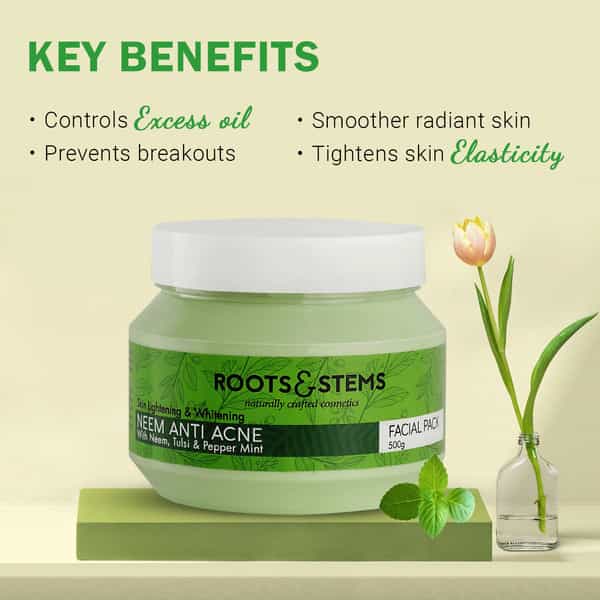 Roots & Stems Neem Anti Acne Facial Pack For Clear Skin Brightening & Controls Excess Oil 500G