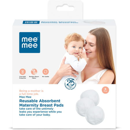 Mee Mee Reusable Maternity Breast Pads|Washable|Absorbent Comfort Fit (6 Pieces, 100 Washes, White)