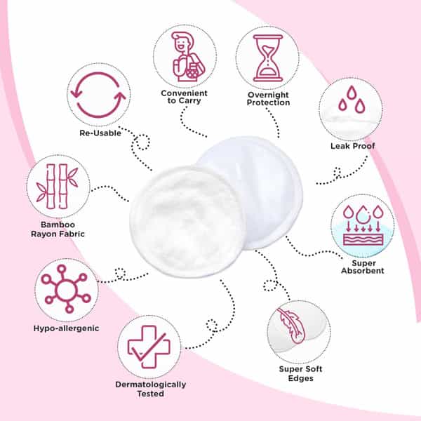 Mee Mee Reusable Maternity Breast Pads|Washable|Absorbent Comfort Fit (6 Pieces, 100 Washes, White)