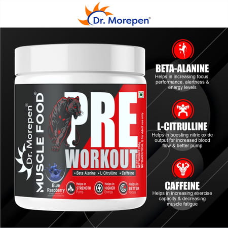Dr. Morepen Pre Workout With L- Citrulline | Caffeine | Creatine Monohydrate - Blue Raspberry