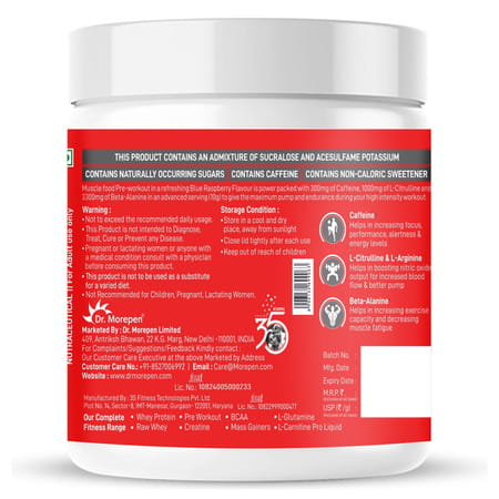 Dr. Morepen Pre Workout With L- Citrulline | Caffeine | Creatine Monohydrate - Blue Raspberry