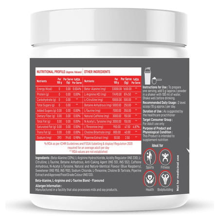 Dr. Morepen Pre Workout With L- Citrulline | Caffeine | Creatine Monohydrate - Blue Raspberry