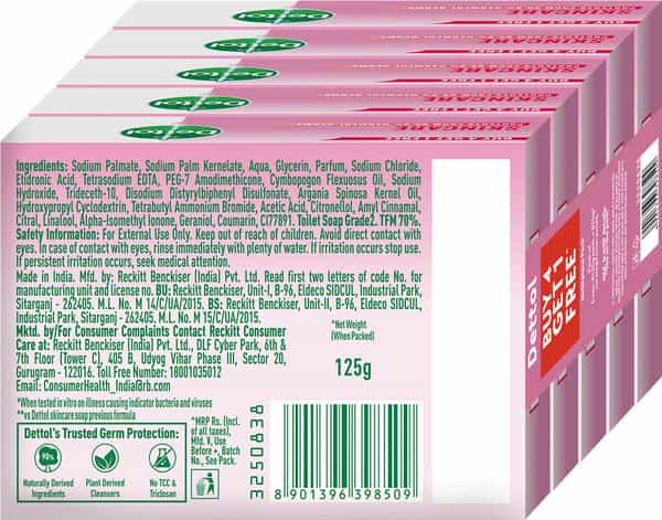 Dettol Skincare 2X Moisturizing Beauty Bathing Soap Bar | Buy 4 Get 1 Free - 125G Each
