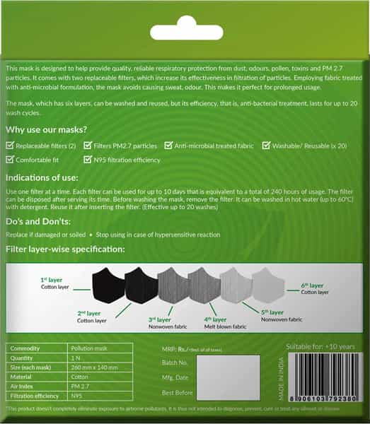 Bodyguard Pm2.7 + N95 Antimicrobial Reusable Anti Pollution Mask With Replaceable Filter - 1 Unit