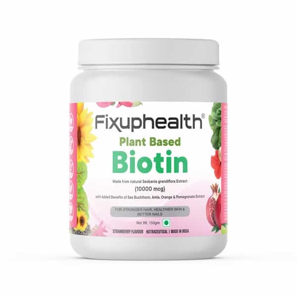 Fixuphealth Plant Based Biotin Powder 10000 Mcg For Hair Skin Nail 150 Gram Strawberry Flavour