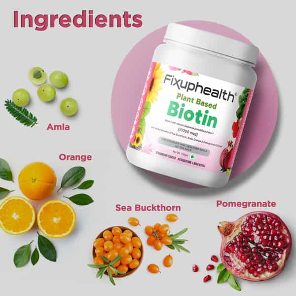Fixuphealth Plant Based Biotin Powder 10000 Mcg For Hair Skin Nail 150 Gram Strawberry Flavour