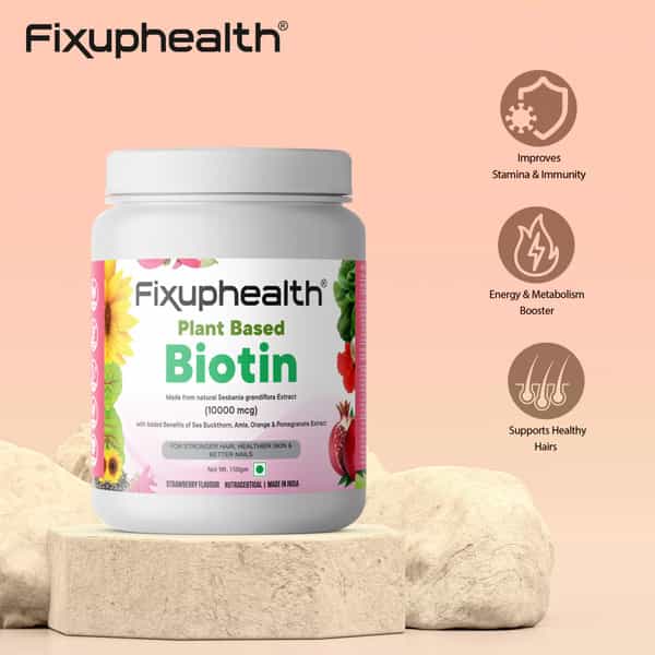 Fixuphealth Plant Based Biotin Powder 10000 Mcg For Hair Skin Nail 150 Gram Strawberry Flavour