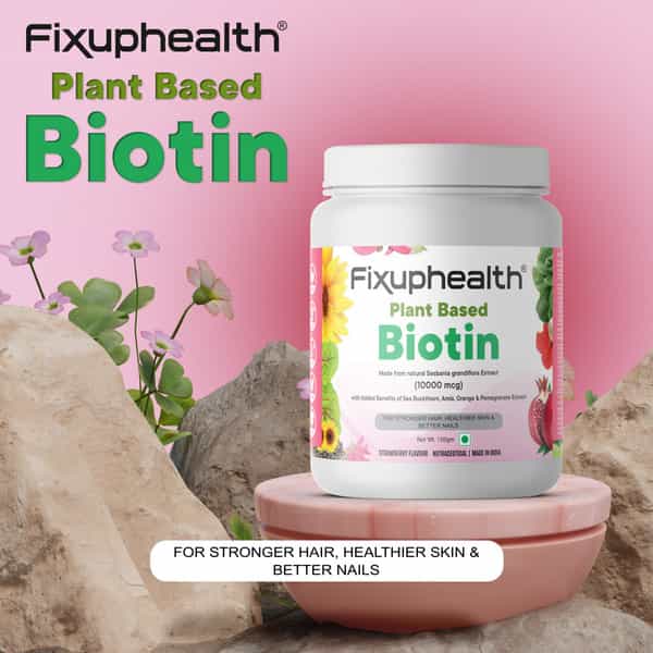 Fixuphealth Plant Based Biotin Powder 10000 Mcg For Hair Skin Nail 150 Gram Strawberry Flavour