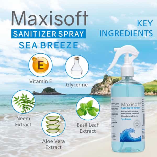 Maxisoft Sea Breeze Sanitizer Spray | Aloe Vera Neem & Vitamin E (500 Ml Pack Of 4)