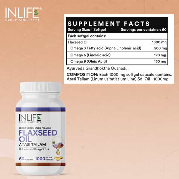 Inlife Flaxseed Oil Capsules 1000Mg | Omega 3 6 9 | - 60 Softgels