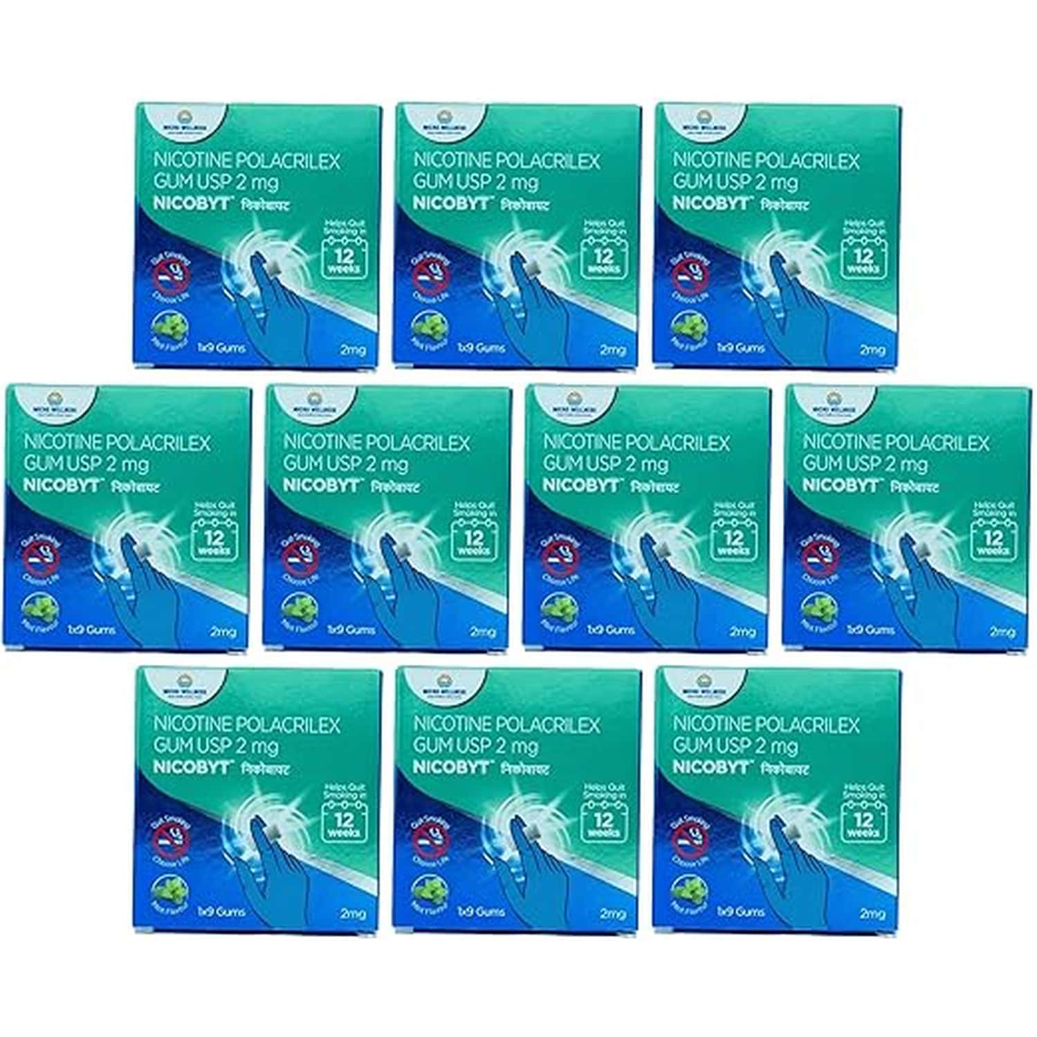 Nicobyt Nicotine Polacrilex Gum U.s.p 2mg - |mint Flavoured| 9 Chewing Gums X Pack Of 10