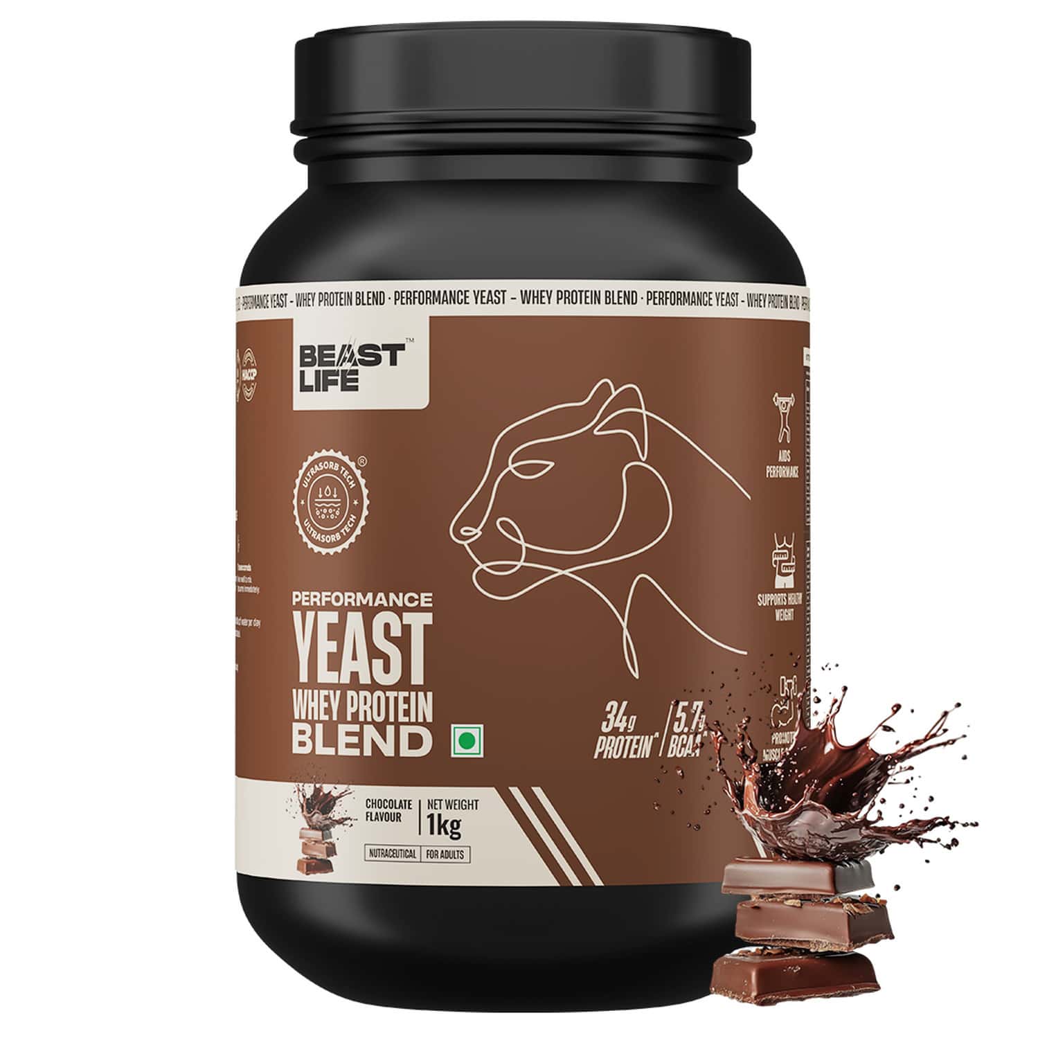 Beastlife Performance Yeast Whey Blend | 34g Protein | 5.7g Bcaa | Chocolate | Easy Digest | 1 Kg