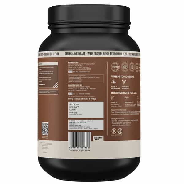 Beastlife Performance Yeast Whey Blend | 34G Protein | 5.7G Bcaa | Chocolate | Easy Digest | 1 Kg