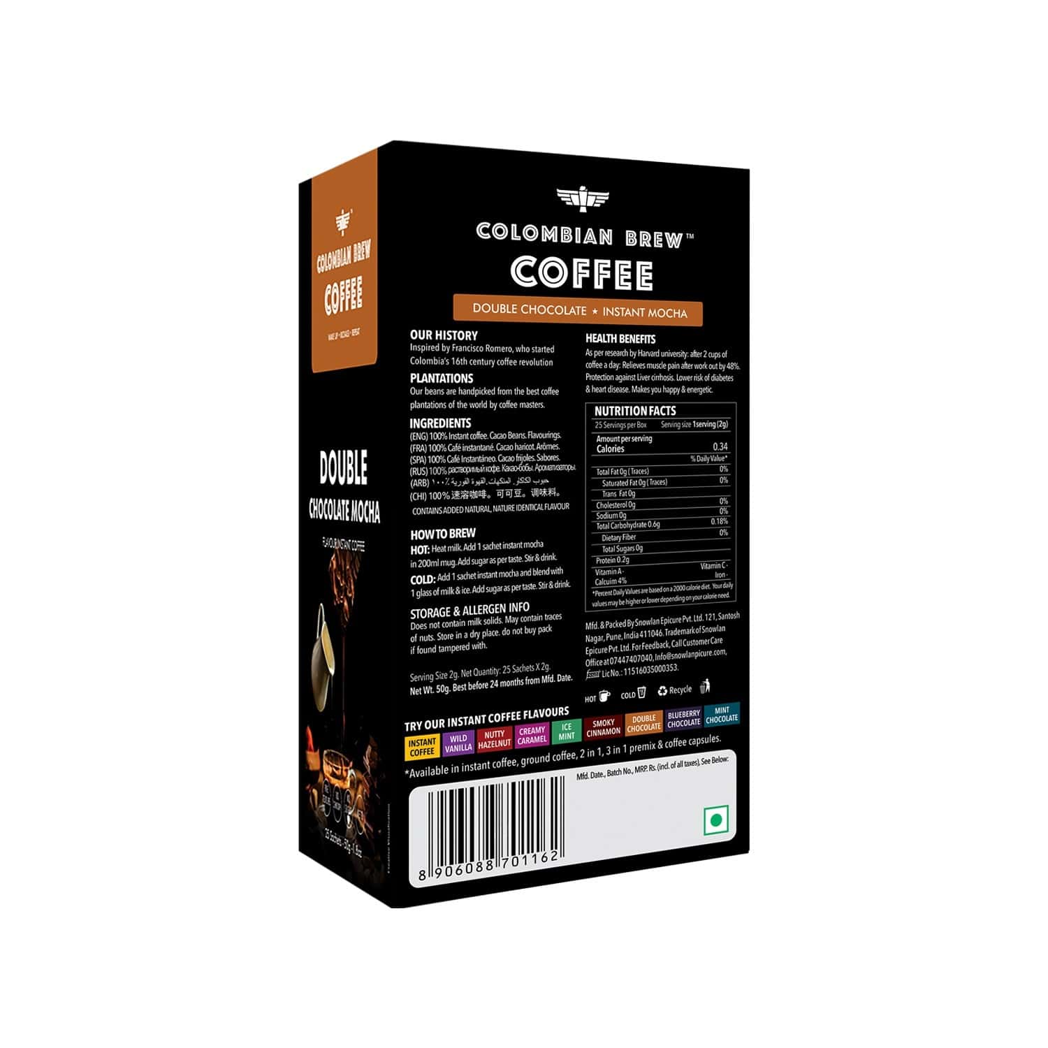 Buy COLOMBIAN BREW DOUBLE CHOCOLATE MOCHA INSTANT COFFEE NO SUGAR VEGAN