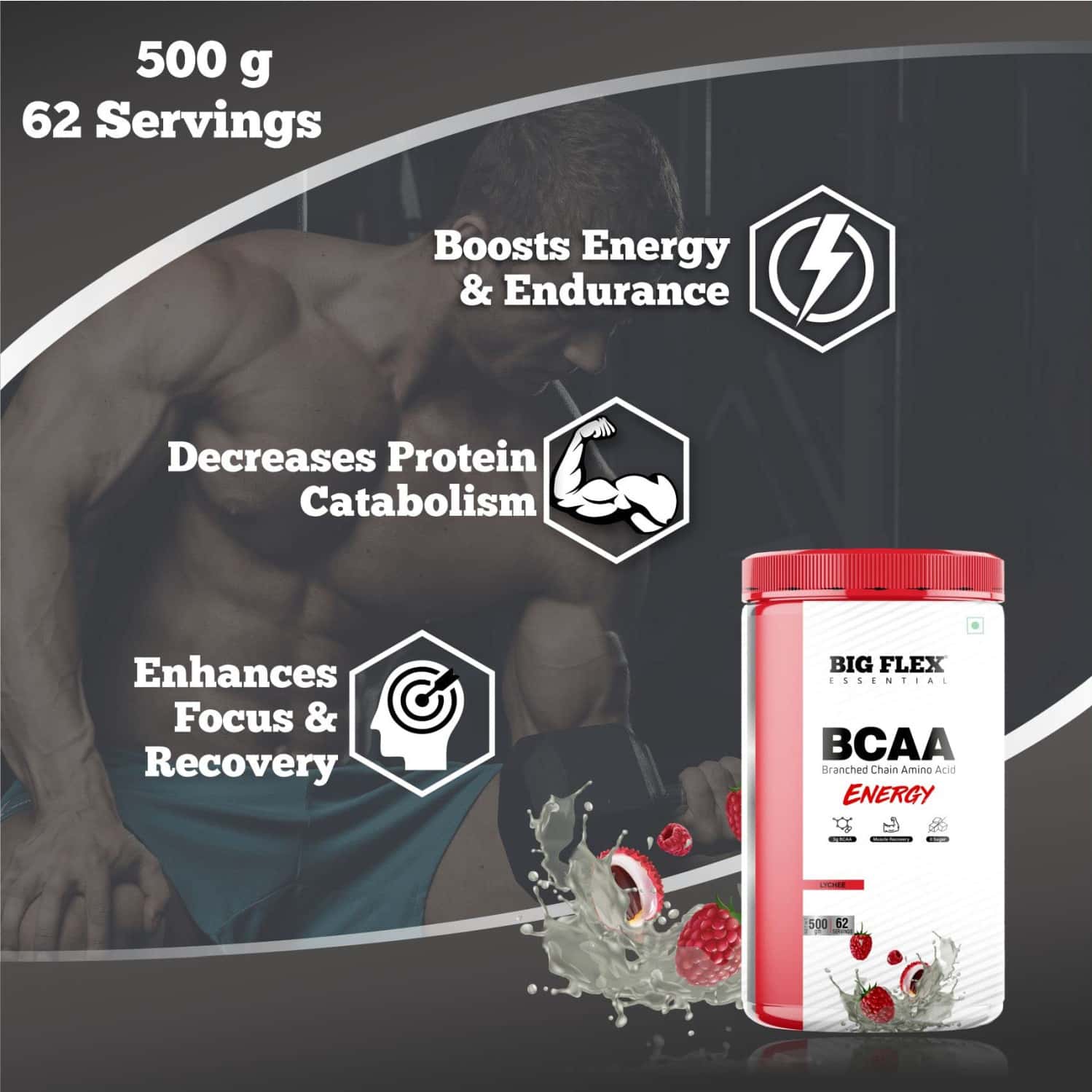 Buy BIGFLEX ESSENTIAL BCAA ENERGY LYCHEE (500GM) JAR Online & Get