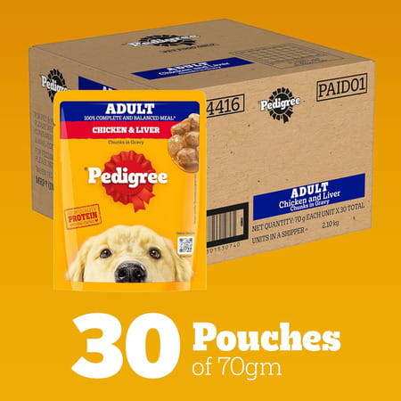 Pedigree Adult Wet Dog Food | Chicken & Liver Chunks In Gravy | 70 G (Pack Of 30)