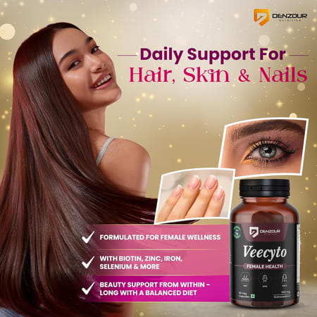 Denzour Veecyto Female Health Supplement For Hair | Skin & Nails|Womens Multivitamin|60 Veg Capsules