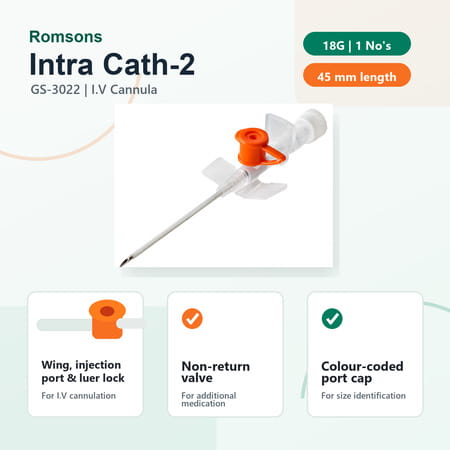 Romsons Intravenous Cannula With Injection Port Non Return Valve Gs3022 18 G 1 No's