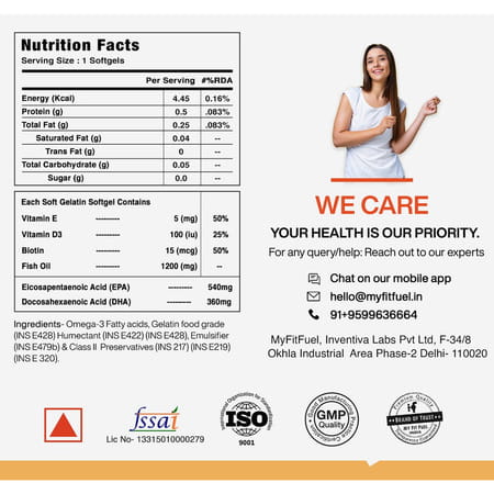 Myfitfuel Triple Strength Omega 3 Fish Oil +Vitamins | 1200mg (540 Epa 360 Dha) 3x Omega 60 Softgels