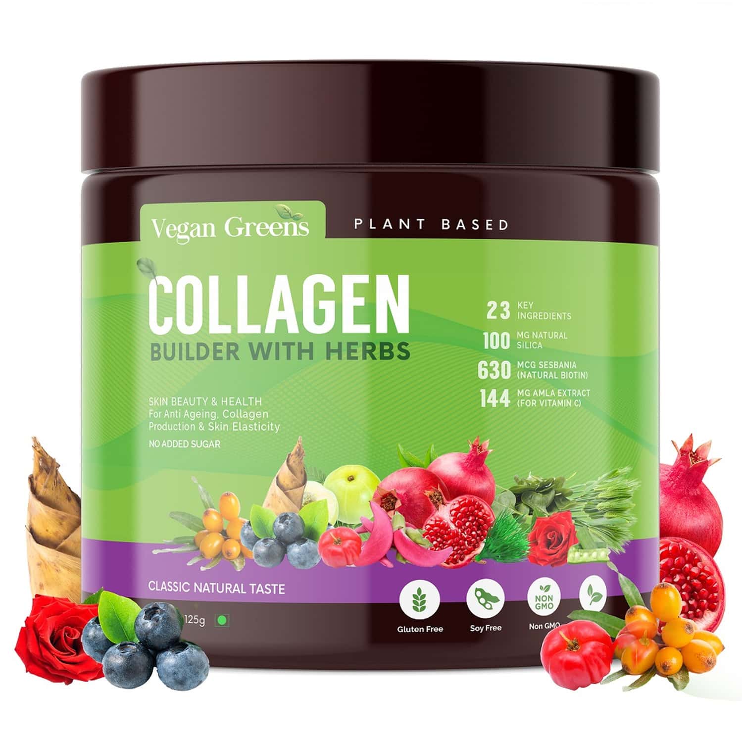 Vegan Greens Natural Collagen Builder 23key Herbs Anti Ageing, Skin Glow &more 125g, Classic Natural