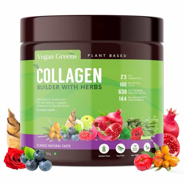 Vegan Greens Natural Collagen Builder 23Key Herbs Anti Ageing, Skin Glow &More 125G, Classic Natural