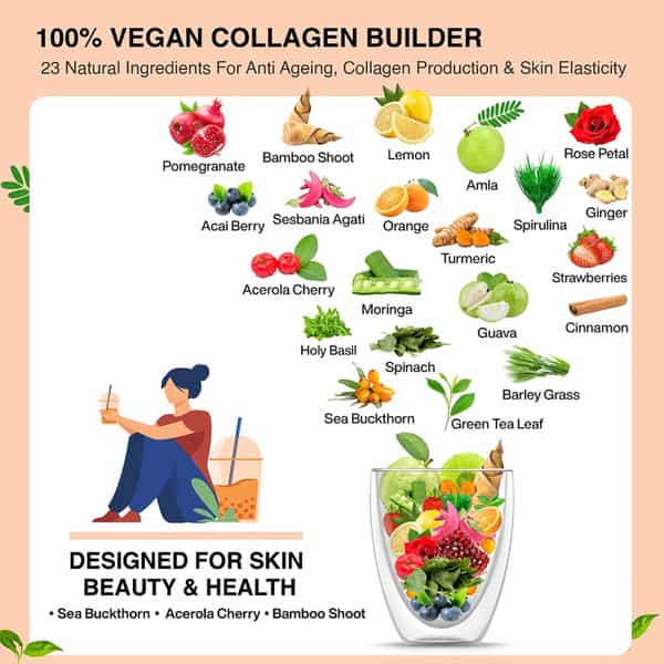 Vegan Greens Natural Collagen Builder 23Key Herbs Anti Ageing, Skin Glow &More 125G, Classic Natural