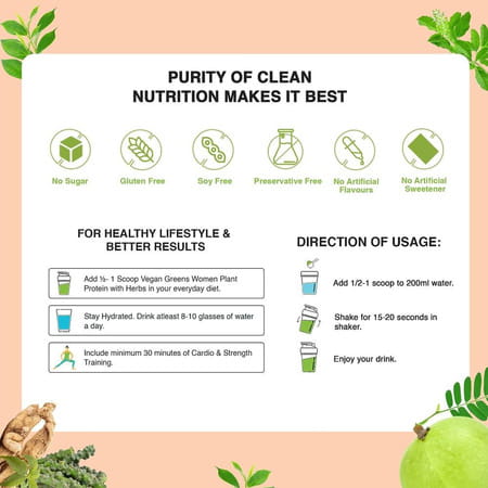 Vegan Greens Clean Women Plant Protein + Ayurvedic Herbs Vitamins Minerals (500g, Chocolate+ Shaker)