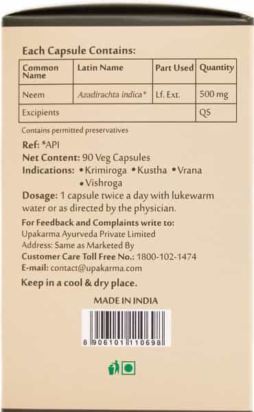 Upakarma Ayurveda Pure Herbs Neem Capsules-550 Mg 90 Veggie Capsules