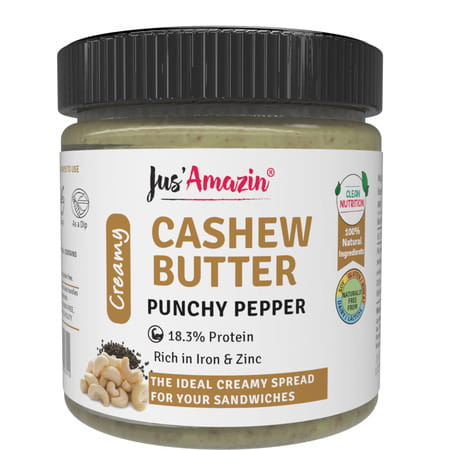Jus Amazin Creamy Cashew Butter Punchy Pepper -200g|Clean Nutrition|93% Cashewnuts|Dairy Free
