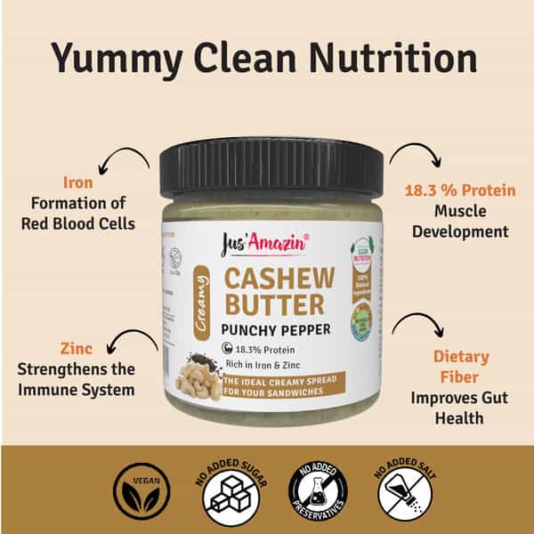 Jus Amazin Creamy Cashew Butter Punchy Pepper -200G|Clean Nutrition|93% Cashewnuts|Dairy Free