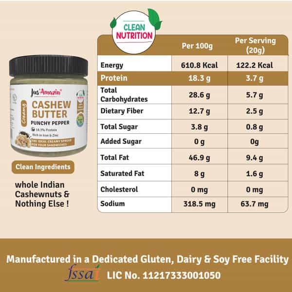 Jus Amazin Creamy Cashew Butter Punchy Pepper -200G|Clean Nutrition|93% Cashewnuts|Dairy Free