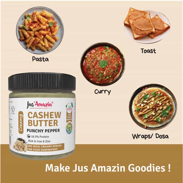 Jus Amazin Creamy Cashew Butter Punchy Pepper -200G|Clean Nutrition|93% Cashewnuts|Dairy Free
