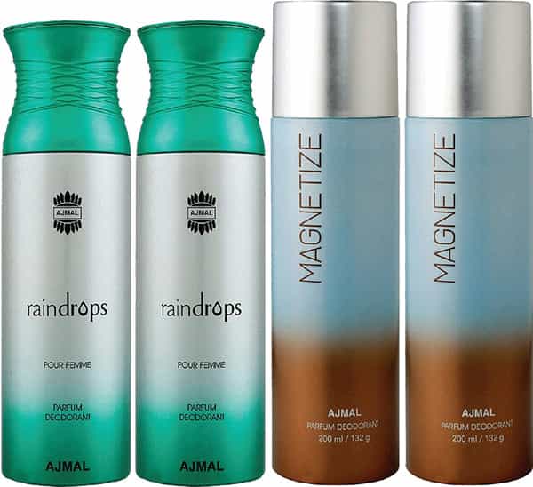 Ajmal 2 Raindrops Femme For Women And 2 Magnetize For Unisex Deodorants Each 200Ml Combo Pack Of 4