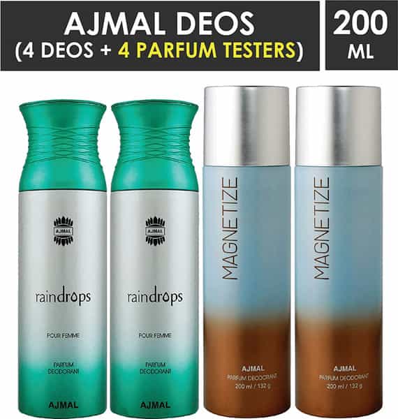 Ajmal 2 Raindrops Femme For Women And 2 Magnetize For Unisex Deodorants Each 200Ml Combo Pack Of 4