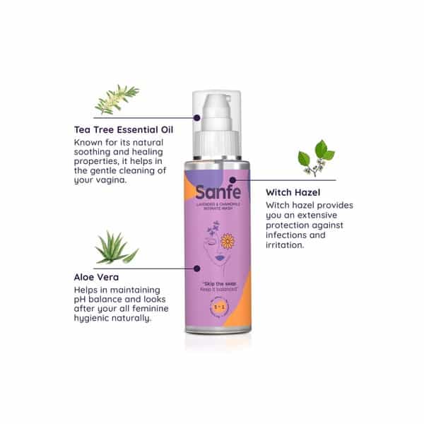 Sanfe Natural Intimate Wash 3 In 1-No Odour,Itching,Irritation-Lavender & Chamomile 100Ml Pack Of 2