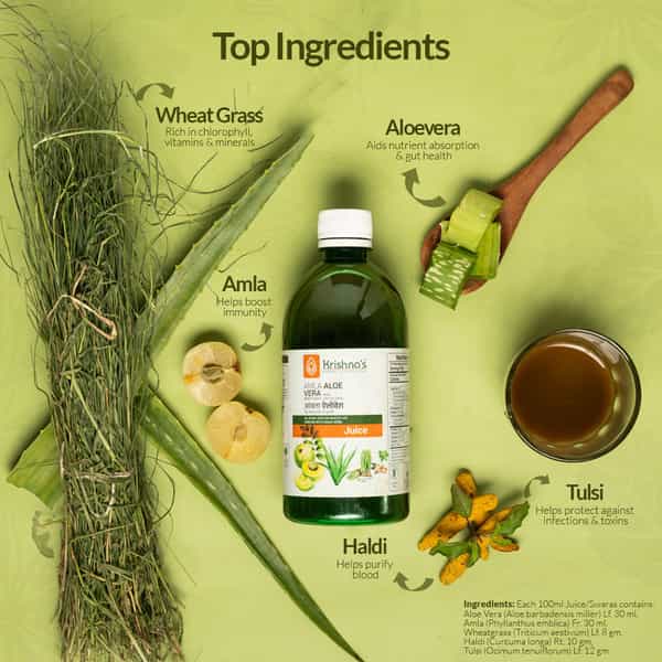 Krishna's Amla Aloe Vera Wheat-Grass | Haldi & Tulsi Juice - 1 Litre