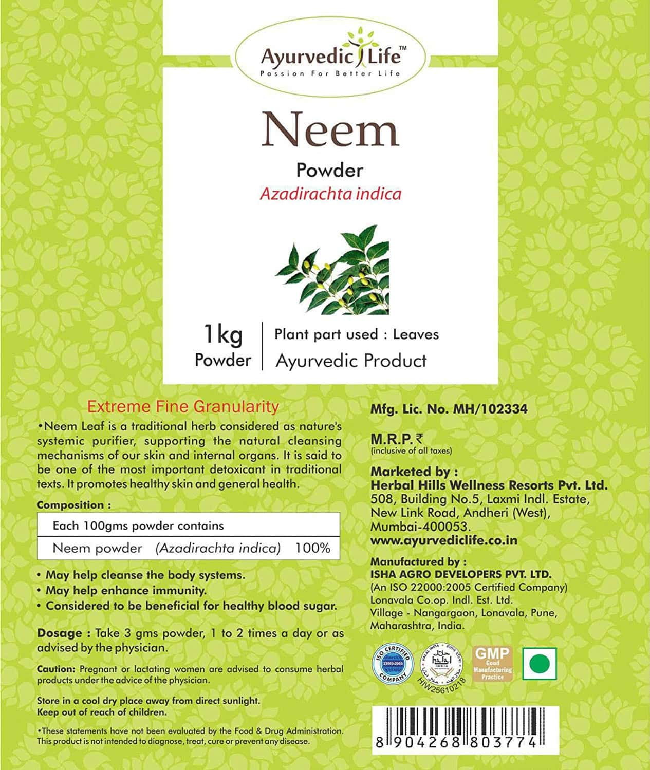 Buy AYURVEDIC LIFE NEEM PATRA POWDER 1 KG VALUE PACK OF 2 Online