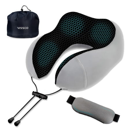 Vissco Travel Ergonomic Neck Pillow With Sleeping Gel Eye Mask, Contoured Memory Foam For Travelling