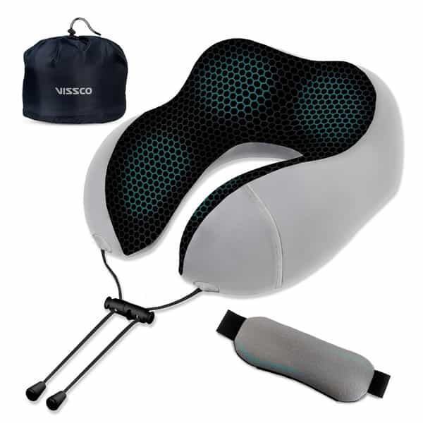 Vissco Travel Ergonomic Neck Pillow With Sleeping Gel Eye Mask, Contoured Memory Foam For Travelling