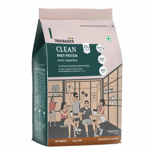 Truebasics Clean Whey Protein Powder Isolate & Concentrate Blend (Chocolate 1Kg) | 25G Protein