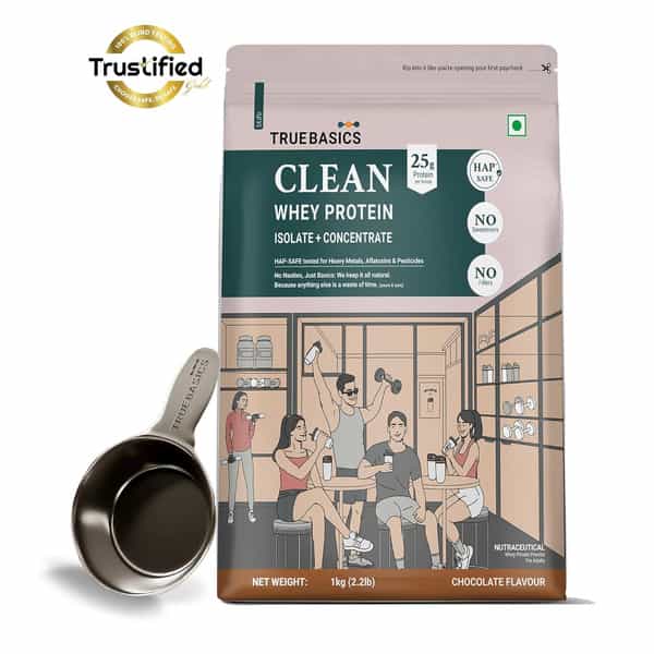 Truebasics Clean Whey Protein Powder Isolate & Concentrate Blend (Chocolate 1Kg) | 25G Protein