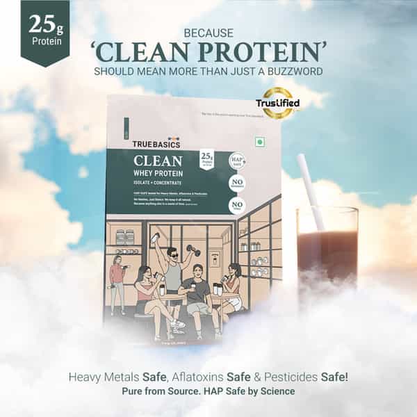Truebasics Clean Whey Protein Powder Isolate & Concentrate Blend (Chocolate 1Kg) | 25G Protein