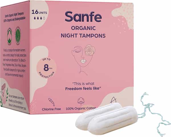 Sanfe 100% Organic Cotton Digital Tampons - Premium Design - Night Tampons (Pack Of 16)