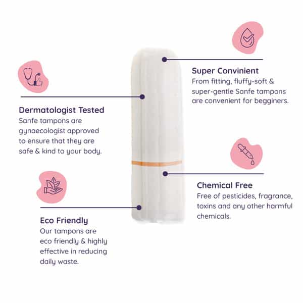 Sanfe 100% Organic Cotton Digital Tampons - Premium Design - Night Tampons (Pack Of 16)