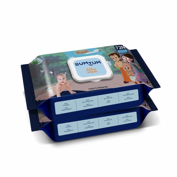 Bumtum Baby Chota Bheem Wet Wipes With Lid Aloe Vera | Paraben Free |Pack Of 2 | 72 Pcs Per Pack