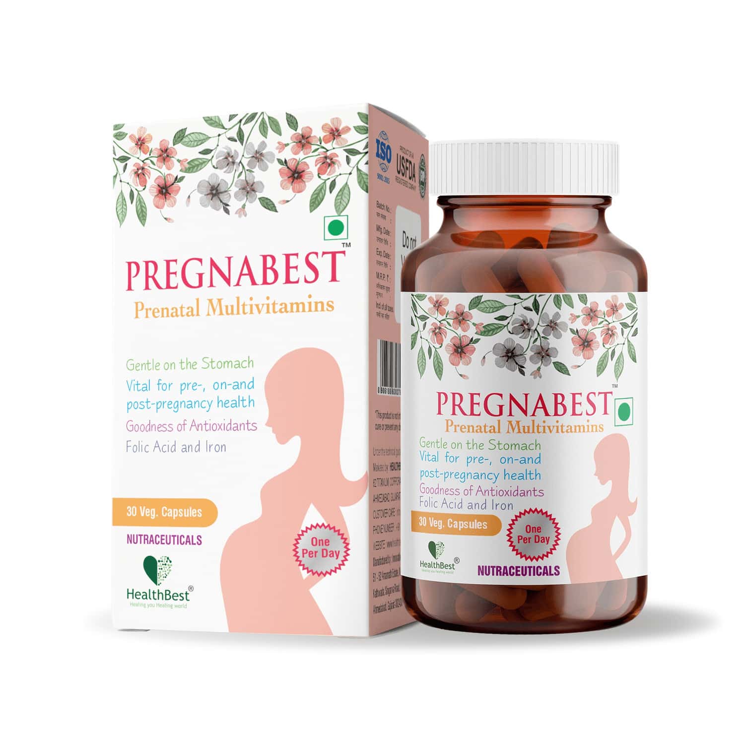 Healthbest Pregnabest Prenatal Multivitamins For Women Folic Acid Iron Zinc - 30 Capsules