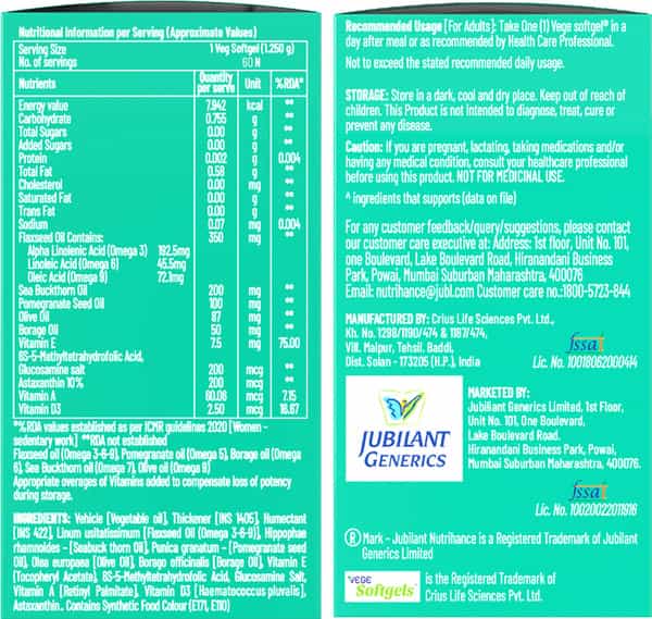 Jubilant Nutrihance Multiomega 100% Vegan Omega (60 Veg Softgels) For Heart & Nerve Renal Health